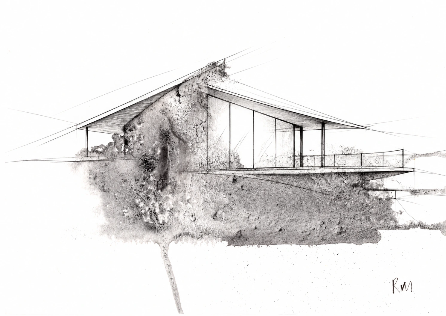 Architectural concept sketch over a grey ink wash, with a glazed facade, cantilevered balcony and sloping roof sheltering a porch.